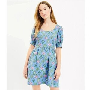 Loft Blue Floral Puff Sleeve Linen Blend Dress NEW Size 6 U Neck Short Sleeve